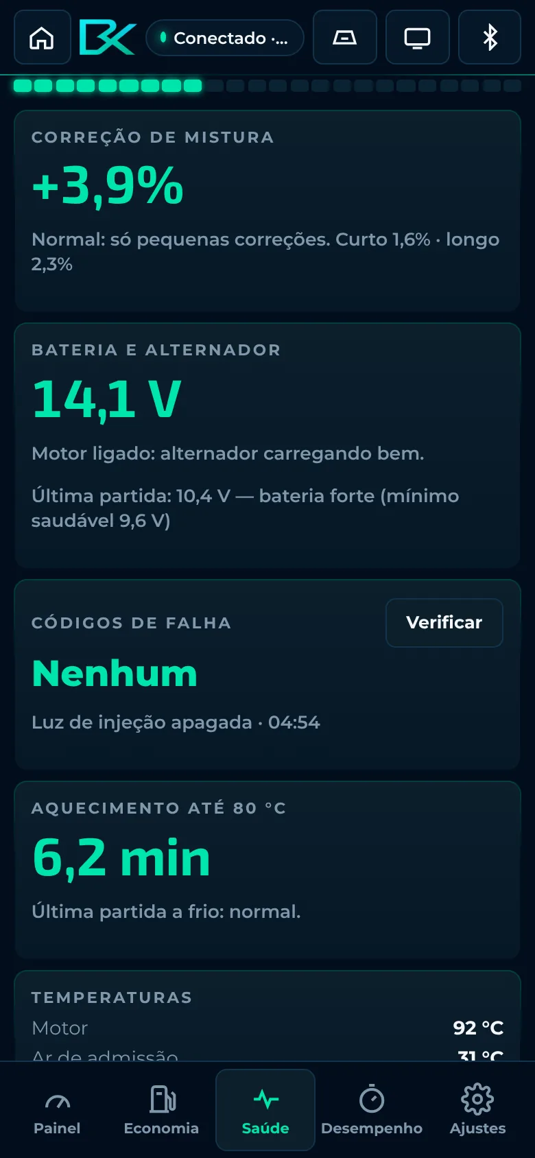 Saúde do motor no celular