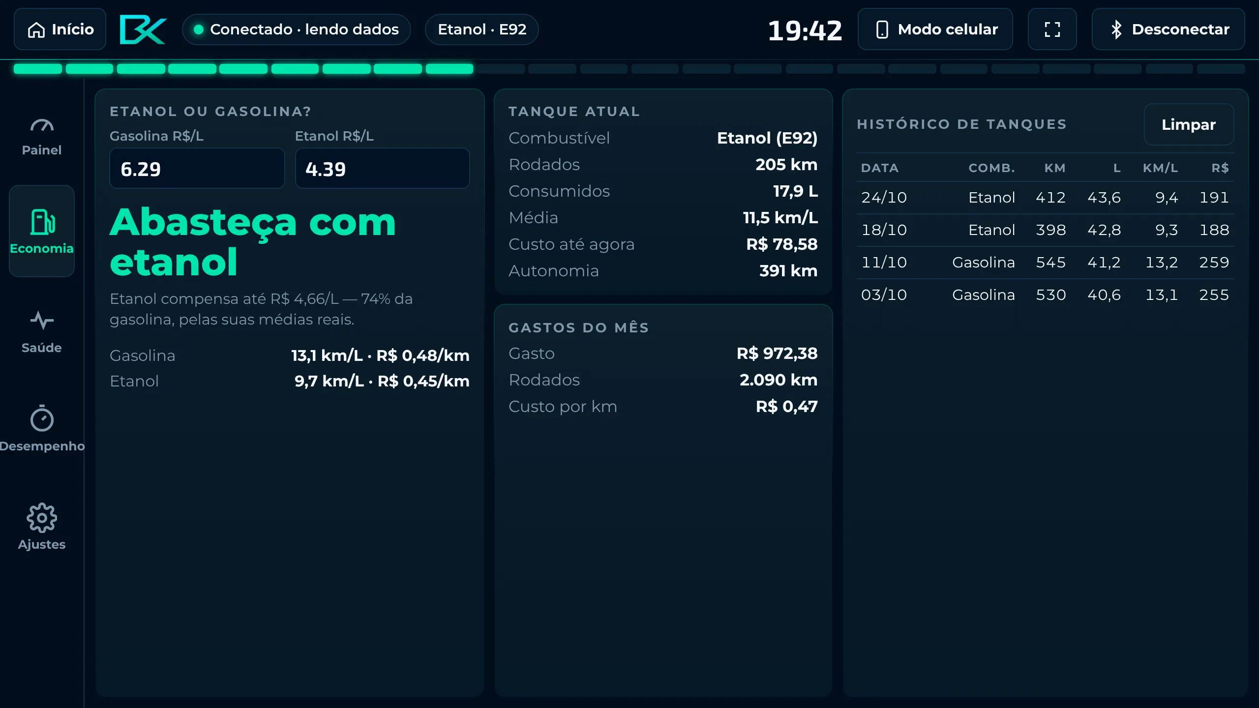 Tela de economia com o comparador etanol ou gasolina