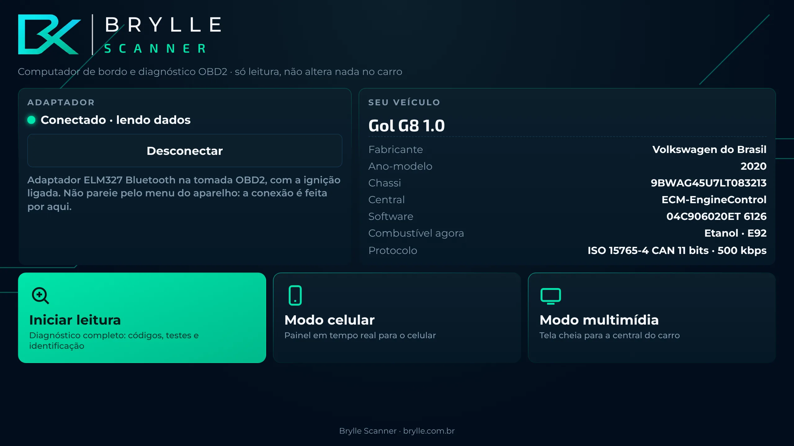 Tela inicial com a identificação do veículo